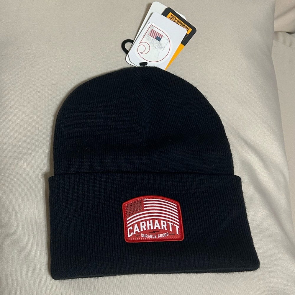 Carhartt Navy Beanie with Red Logo Patch